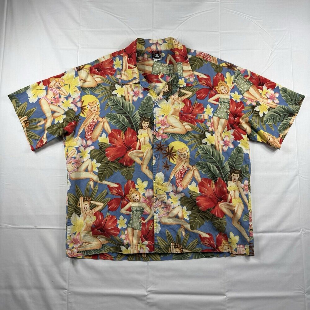 VTG Lucky 13 Hawaiian Shirt Men's XL AOP Pin-Up Model Floral Made in USA Read*